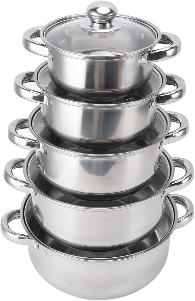 Stainless Steel Cookware Set 5pcs Kitchen Pots and Pans with Glass Lids and Heat Handles for Cooking Dishwasher Safe Stackable Flat Base