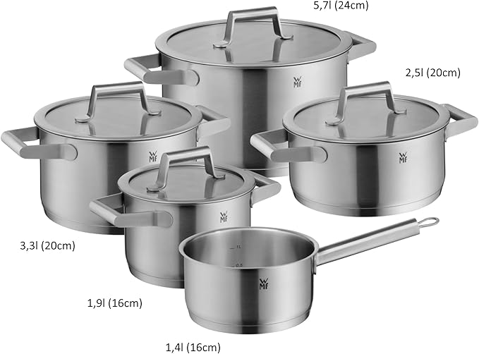WMF Comfort Line Advantage Saucepan Set - 5-Piece Induction Cooking Pot With Glass Lid Cromargan Matte Stainless Steel Scale Stackable Uncoated