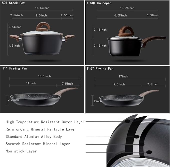 Pots and Pans Set Non Stick Ceramic Cookware Set with Granite Pattern Kitchen Cooking Sets Induction Pot and Pan w/Frying Pans Saucepans Casserole Non-Toxic PTFE/PFOA/PFOS-Free Black