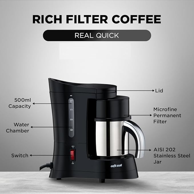 Cafe Zest Drip Coffee Maker| 450W Coffee Machine for Home | 500ml Capacity | Black