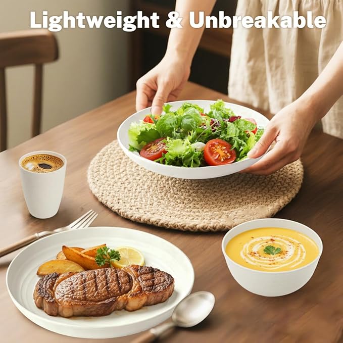 Plates and Bowls Sets for 8 Unbreakable &amp Lightweight Wheat Straw Dinnerware Sets 32 PCS Microwave Safe Dishes Set for 8 Dinner Plate Kitchen Cups and Bowls for Outdoor- White