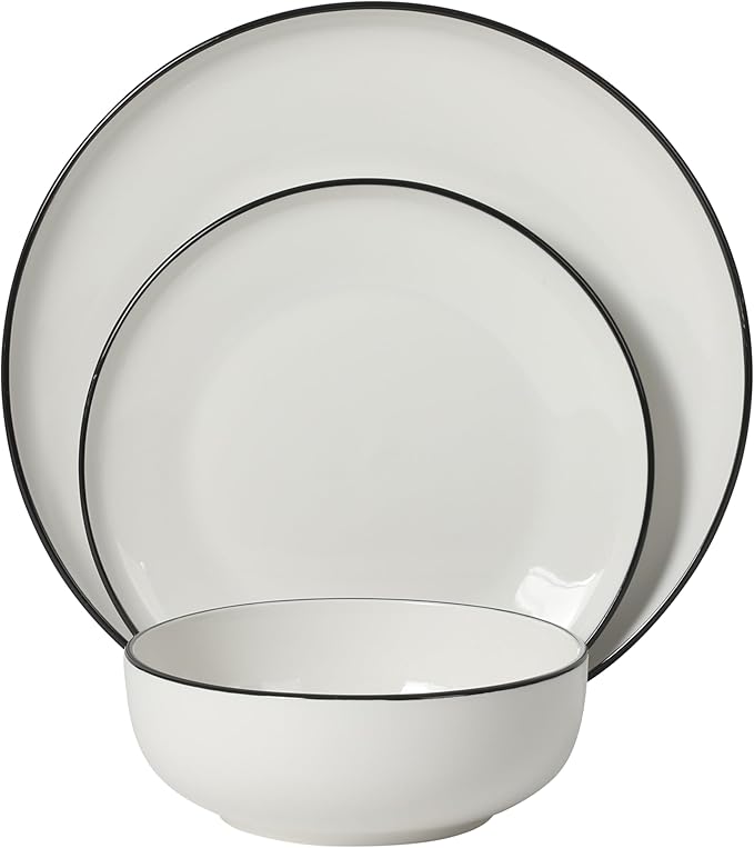 Gibson Home Havenstone 12-Piece Porcelain Dinnerware Set – Dinner Plates Salad Plates &amp Bowls Classic White With Black Rim Everyday Dish Set for Home Kitchen Microwave &amp Dishwasher Safe