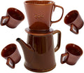 Wild Lily's Spring 22 Oz Vintage Ceramic Pour Over Coffee Maker Set with 4 Coffee Mugs Ceramic Coffee Pot &amp 3-Hole Dripper Set Perfect for 3-4 People at Home in Cafés and Restaurants (Caramel)