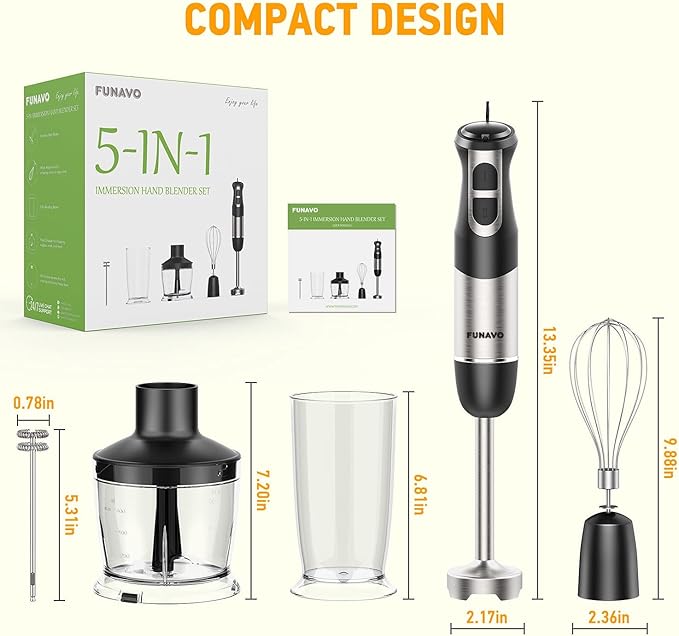 Hand Blender 800W 5-in-1 Immersion Hand Blender 12-Speed Multi-function Stick Blender with 500ml Chopping Bowl Whisk 600ml Mixing Beaker Milk Frother Attachments BPA-Free