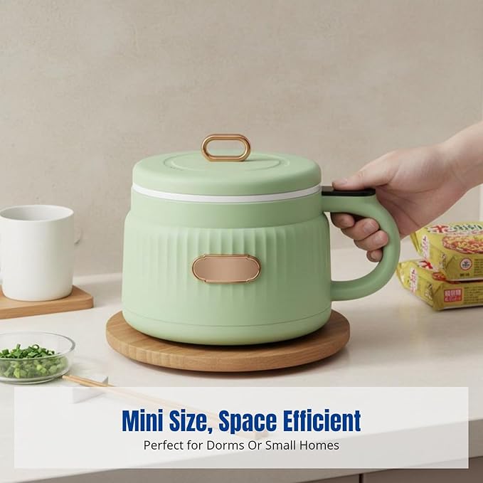 Small Rice Cooker 1.6L Noodle Cooker Keep Warm Portable Electric Pot Nonstick for 1-2 People Camping Cooking Soup Oatmeal Green