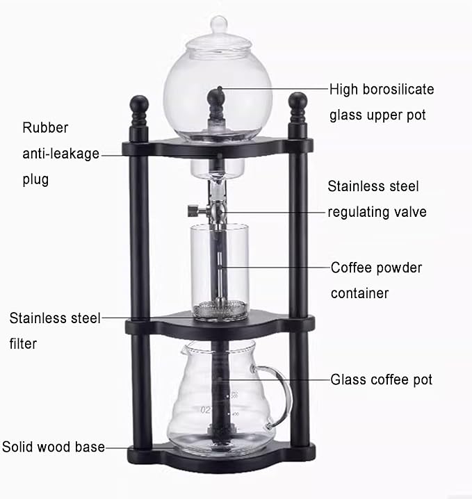 Ice Drip Coffee Maker Cold Brew Coffee Dripper Tower with Adjustable Dripper 600ml Glass Jug Wood Straight Frame for Home Coffee Shop 3-5 Cups (Black)