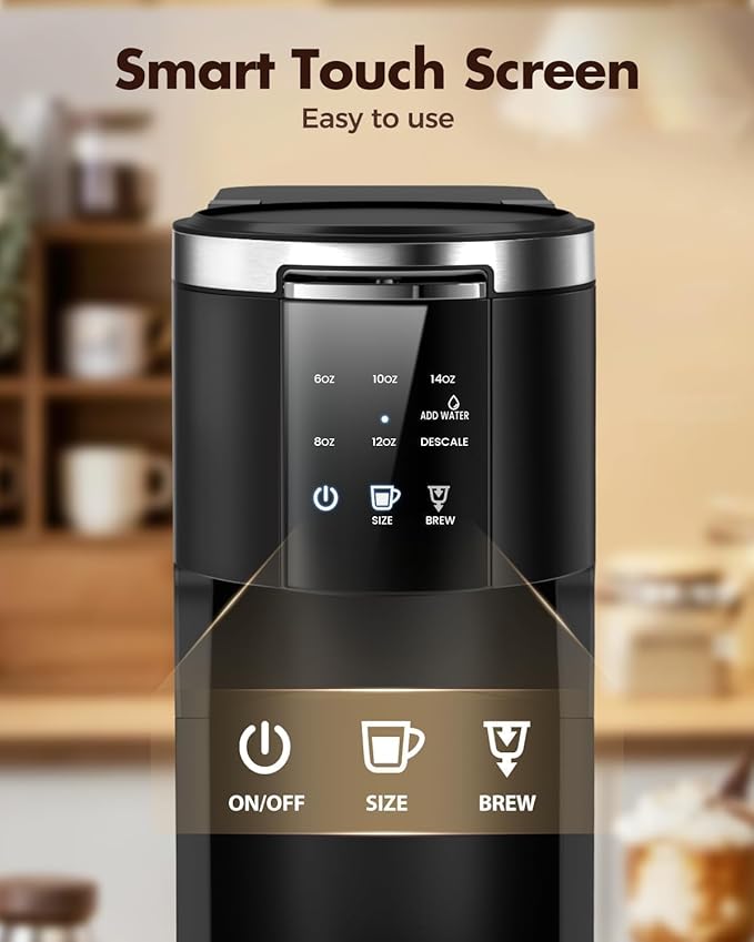 Kismile Single Serve Coffee Maker 2-in-1 Pod Coffee Maker Compatible with K-Cup &amp Ground Coffee 6 to 14oz Brew Sizes 40oz Removable Water Reservoir LCD Screen Self-Cleaning Function Black