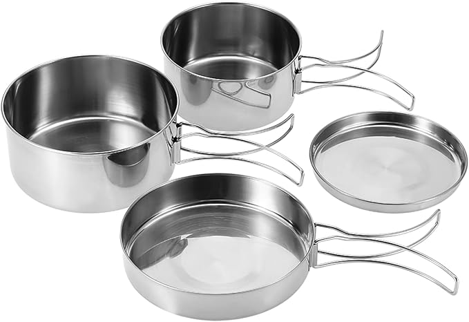 4 Pcs Portable Cookware Set Stainless Steel Combination Cookware Camping Kitchenware Pan Pot Plate Tableware for Outdoor Cooking