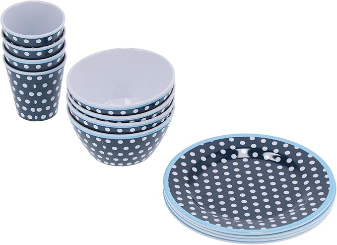 Dark Blue Dot Dinnerware Set Melamine Tableware Set Elegant Style Cup Salad Bowl Plate 12Pcs Household Dishes with Anti Drop Anti Scalding Design for Home Restaurant Hotel
