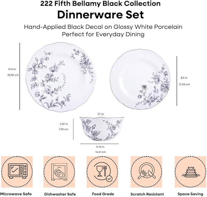 222 Fifth 12-Piece Porcelain Dinnerware Set for 4 White &amp Black Plates and Bowls Set Glossy Ceramic Dish Set with Delicate Floral Design Elegant Kitchen Dishes Microwave &amp Dishwasher Safe