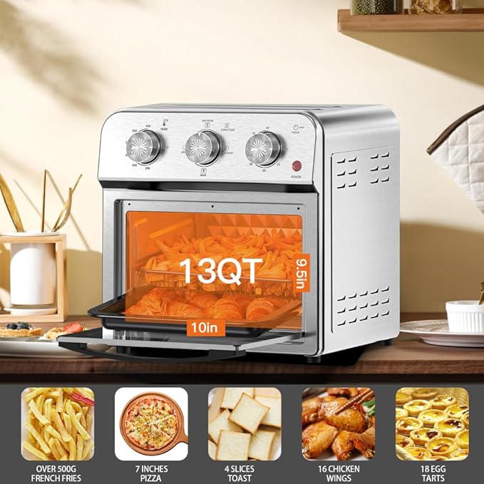 Family Size Air Fryer Toven Combo 13QT Multifunctional Convection Countertop Oven with 360° Hot Air Circulation for Healthy Oil-Free Cooking Adjustable Time Temperature Control Stainless Steel