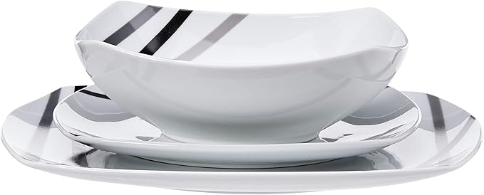 Amazon Basics 18 Piece Kitchen Dinnerware Set Dishwasher and Microwave Safe Square Plates Bowls Service for 6 Modern Beams