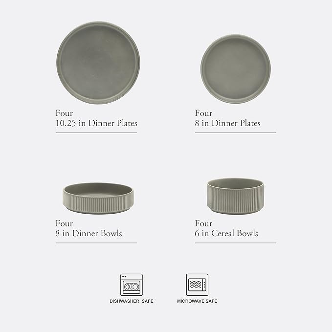 Gibson Elite Deerfield 16-Piece Stoneware Dinnerware Set – Soft Grey Reactive Glaze Stackable Plates and Bowls Service for 4 – Microwave &amp Dishwasher Safe