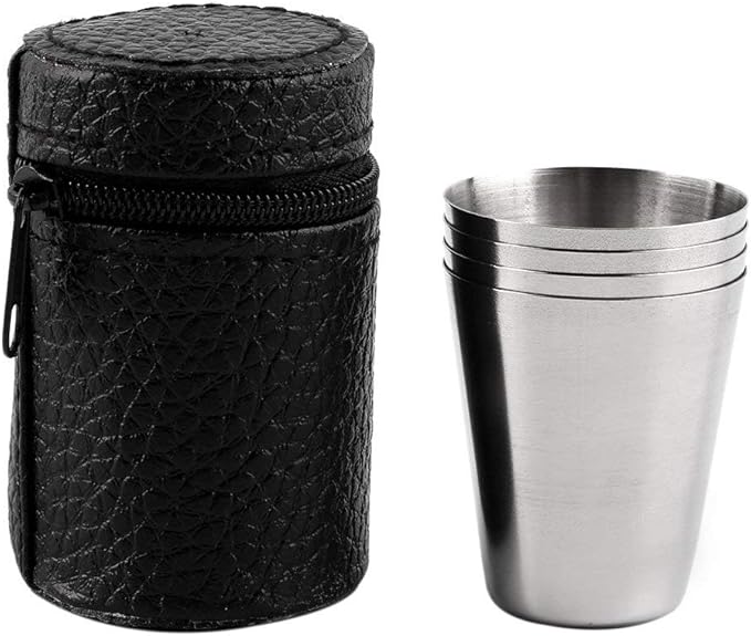 4 in 1 Outdoor Mini Stainless Steel Cup Hiking Camping Travel Portable Drinking Water Cup Set Leather Cup Color:30ML Cookware Set Cookware Picnic Boiler Cookware