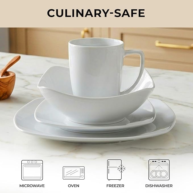 Zulay Kitchen Luna Plates and Bowls Sets 16 Piece Modern Porcelain Dish Set for 4 Chip and Scratch Resistant Square Dinnerware Set Microwave and Dishwasher Safe Pearl White
