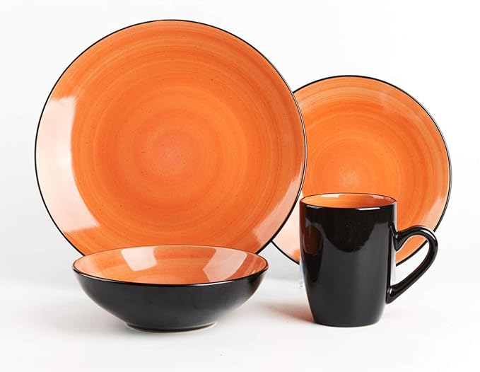 Sonoma 16 Piece Stoneware Dinner Set Samoa Outside Black + Inside Hand painted Combi Colors of Grey Orange Purple and Turquoise) with speckle