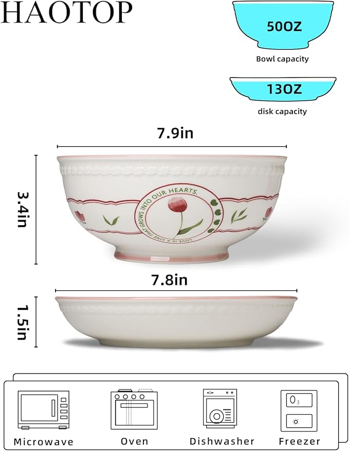 HAOTOP Ceramic Dinnerware Set 3 Pieces Plates and Bowls Floral Pattern Dinner Serving Plates and Bowls Sets for Salad Soup Pasta Microwave ＆ Dishwasher Safe White