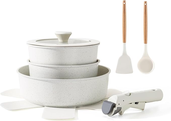 SENSARTE 9 Piece Pots and Pans Set Nonstick Detachable Handle Cookware Induction Kitchen Cookware Set with Removable Handle Healthy Non Stick for RV Dishwasher ＆ Oven Safe (White)