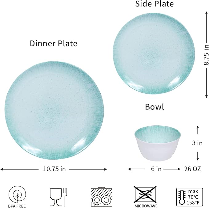 Melamine Dinnerware Set – 4 Dinner Plates 4 Salad Plates 4 Cereal Bowls – Shatterproof Lightweight &amp Stylish for Everyday Dining Outdoor Camping and RV Use