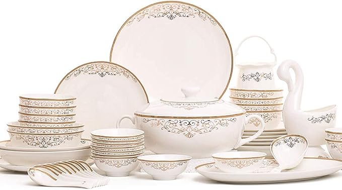 Palace Style Plate Set –China Dinnerware Set Dinner Plate Ceramics Dinnerware Set 48 Pieces Phnom Bone China Plates and Bowls Sets