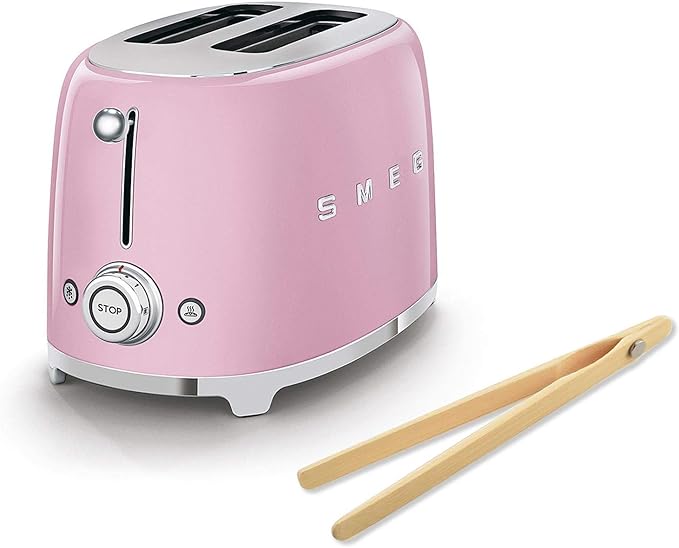 Smeg TSF01PKUS 50's Retro Style Toaster Bundle with Bamboo Tongs - (Pink) 2 Slice