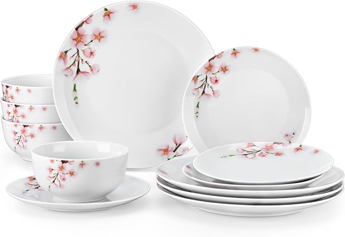VEWEET Porcelain Dinnerware Sets for 4 12 Pieces Plates and Bowls Set with Pink Floral Kitchen Dishes Set Dining Ware for Family Microwave and Dishwasher Safe Series ANNIE