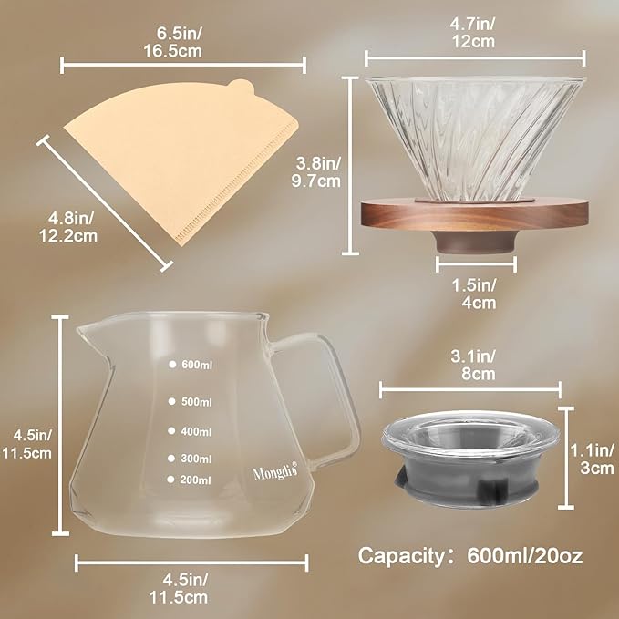 Mongdio Pour Over Coffee Maker 20 oz High-Heat Borosilicate Glass Coffee Maker with 100pcs Paper Filters 5 in 1 Drip Coffee Maker Set for Home Café Restaurant and Camping - 600ml Clear