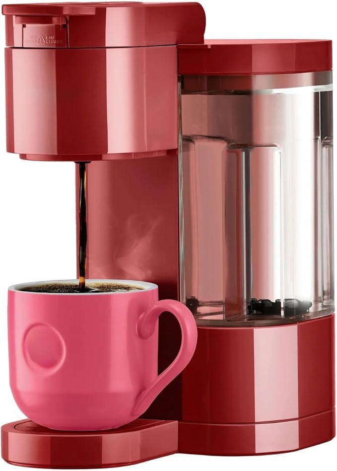 Express Essentials Single-Serve KCup Pod Coffee Maker 3 Cup Sizes Fast Fresh Brew 30oz Removable Water Reservoir Travel Mug Friendly Maintenance Alert Space-Saving (Red)