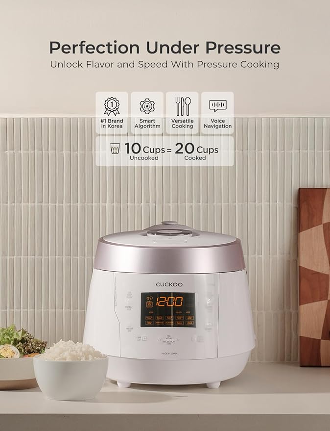 CUCKOO High Pressure Rice Cooker 10-Cup Uncooked / 20-Cup Cooked with Nonstick Inner Pot Large Rice Maker with 13 Menu Options and Steam Plate Fuzzy Logic Tech Voice Guide White (CRP-P1009SW)