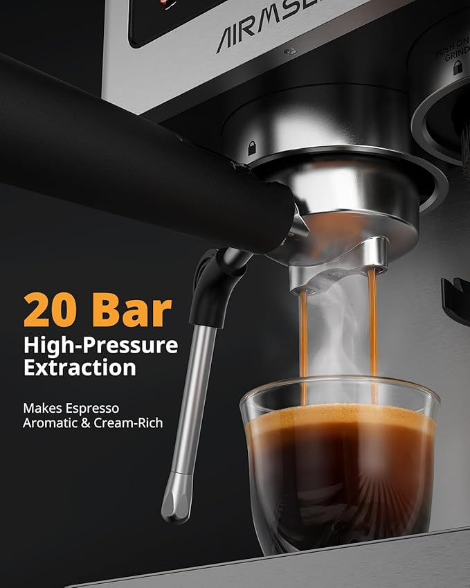 AIRMSEN Espresso Machines with Burr Grinder 20 Bar Milk Frother Steam Wand Stainless Steel Coffee Maker for Home - Cappuccino Latte &amp Cold Brew Iced Coffee Maker &amp Americano