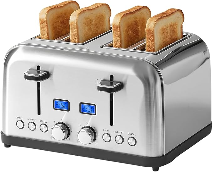 4-Slice Toaster with LCD Display Dual Control for Bagel 6 Shade Settings Extra Wide Slots Stainless Steel with High Lift Lever Removable Crumb Tray 1500W (Silver Metallic)