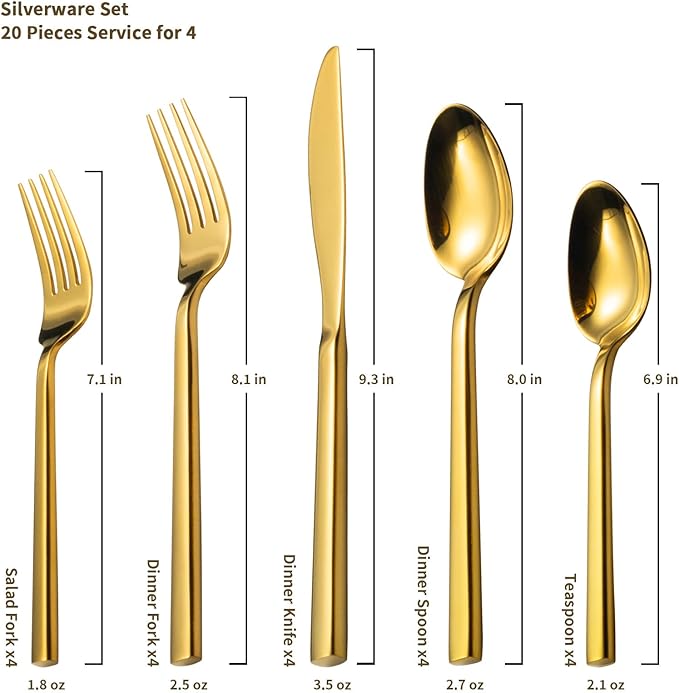 Alata Cube Gold 20-Piece Flatware Set Forged Cutlery Set Mirror Finish Silverware Service for 4 Stainless Steel Tableware with Square Handle for Home/Restaurant Dishwasher Safe
