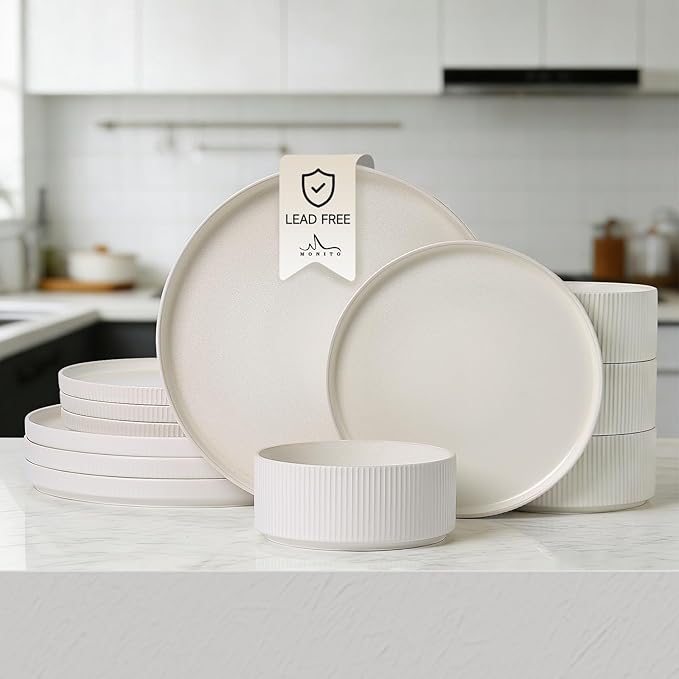 MONITO Ceramic Dinnerware Sets for 4 12PCS Stoneware Plates and Bowls Sets Reactive Glaze Dish Set Chip and Scratch Resistant Double Microwave and Dishwasher Safe Matte White
