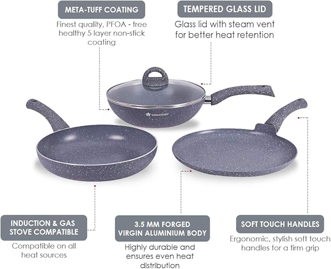 Wonderchef Granite Nonstick 4 Piece Cookware Set(Frying Pan with Lid Wok Dosa Tawa) Induction Bottom Soft-Touch Handles Pure Grade Aluminium PFOA 3.5mm 2 Years Standard Grey