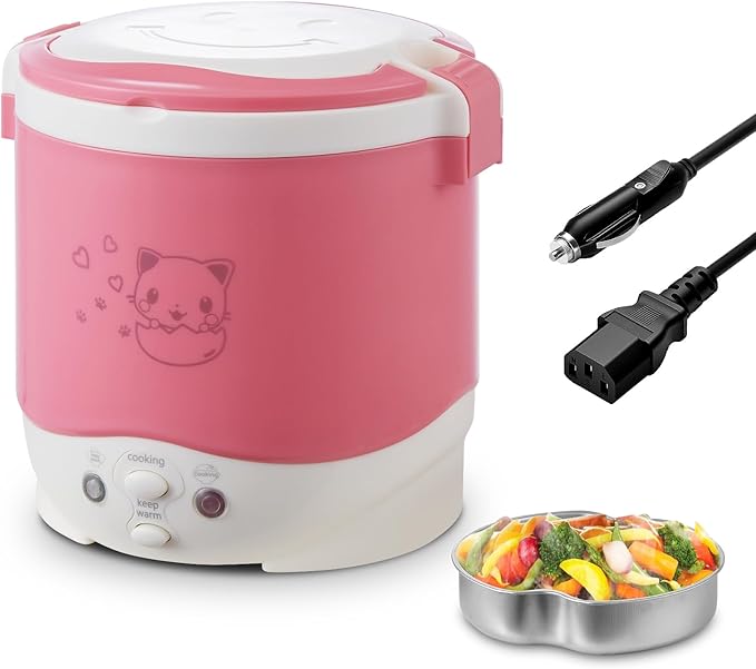 OSBA Small Rice Cooker12v Portable Travel Rice Cooker For Car Cooking Heating and Keeping Warm Function Can be Used As a Electric Lunch Box (Pink)