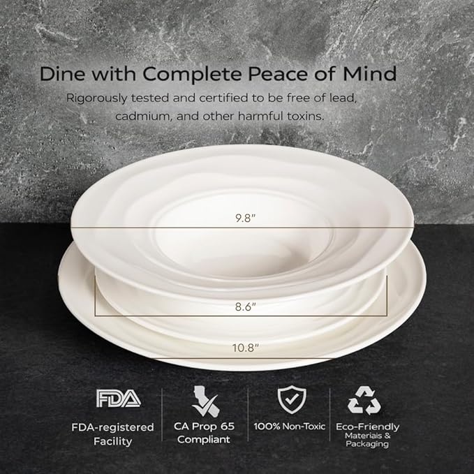 Pots &amp Patterns Natural Waves Premium Bone China Dinnerware Sets Service for 4 (12-Piece) White Plates and Bowls Sets Chip-Resistant Fine Porcelain Dinnerware - Wedding Registry Gift