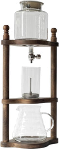 Solid Wood Ice Drip Coffee Pot 600ml High Borosilicate Glass Cold Brew Maker Ice Cold Brew Dripper Coffee Maker 4~6 Servings Drip Pot W/Adjustable Valve Stainless Steel Stopper for Cafes