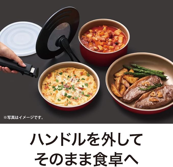 Evercook Frying Pan Set 6-Piece Set Mini Handle and Multi-Use Cover Removable Induction Compatible Red Doshisha