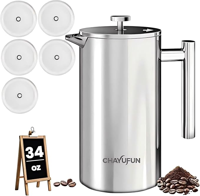 Premium Stainless Steel French Press Coffee Maker (5 Pack Filter)- 34oz/1L Thermal Insulated 304 Rust-Proof Metal Press - Heat-Resistant Ergonomic Handle BPA Free(Dishwasher Safe)