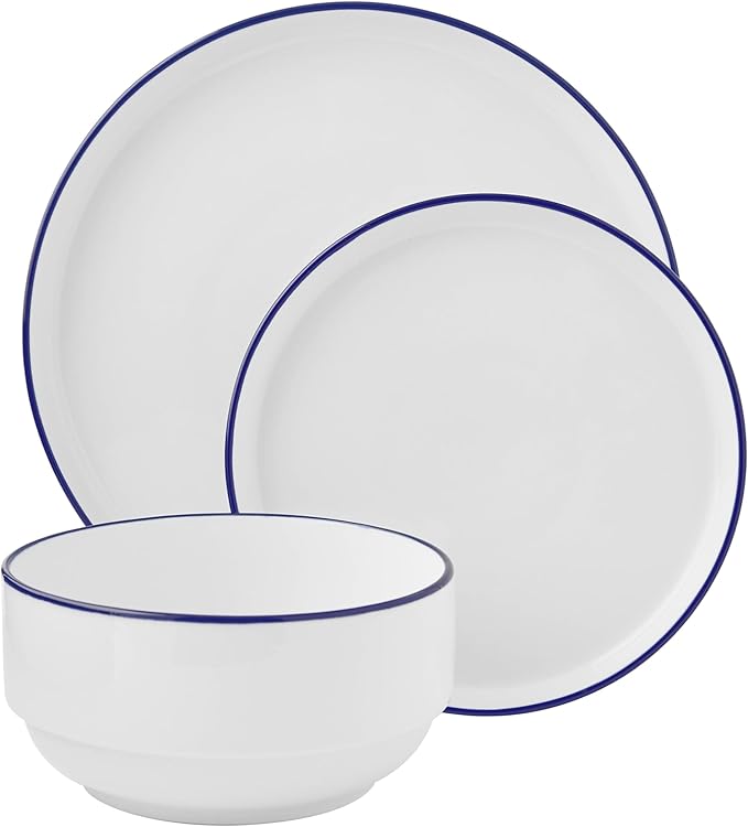 12-Piece Blue Rim Stoneware Dinnerware Set – Durable Tableware for Family Meals &amp Gatherings