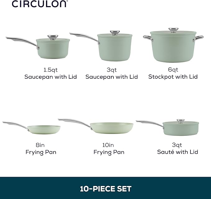 Circulon Halo Ceramic Nonstick Induction Suitable Oven Safe 10-Piece Set Dishwasher Safe - Sage