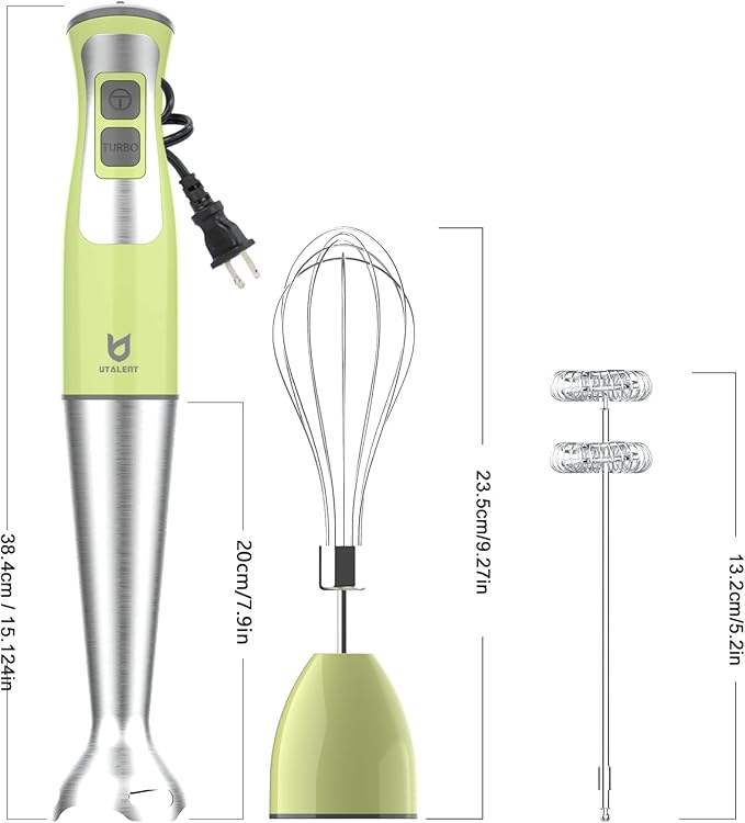 Immersion Hand Blender UTALENT 3-in-1 8-Speed Stick Blender with Milk Frother Egg Whisk for Coffee Milk Foam Puree Baby Food Smoothies Sauces and Soups - Green
