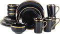 16-Piece Black and Gold Dinnerware Set for 4 Elegant Porcelain Plates and Bowls Set with Golden Rim Modern Luxury Tableware Service Complete Dish Set for Home Dining and Gifts