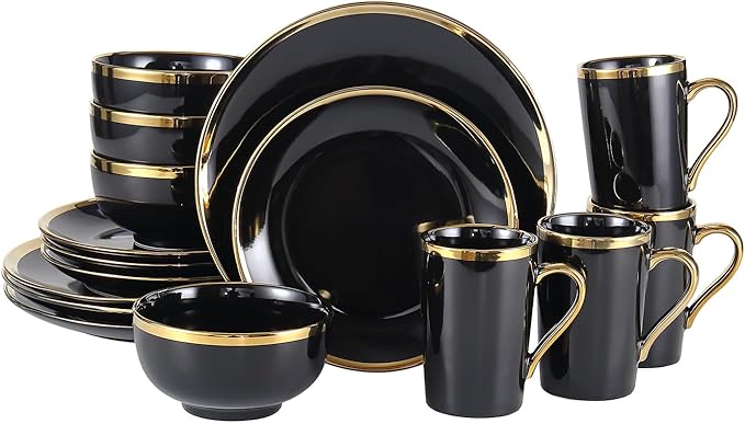 16-Piece Black and Gold Dinnerware Set for 4 Elegant Porcelain Plates and Bowls Set with Golden Rim Modern Luxury Tableware Service Complete Dish Set for Home Dining and Gifts