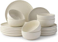JoyJolt Mesa Stoneware Dinnerware Set 18-Piece Plates and Bowls Sets Includes Dinner - Salad and Cereal and Soup Bowls Modern Farmhouse Matte (Linen) White Dish Set for 6
