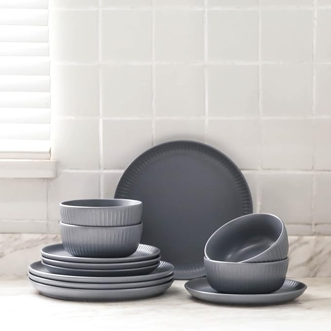 Stone Lain Logan 12 Pieces Stoneware Dinnerware Set Grey