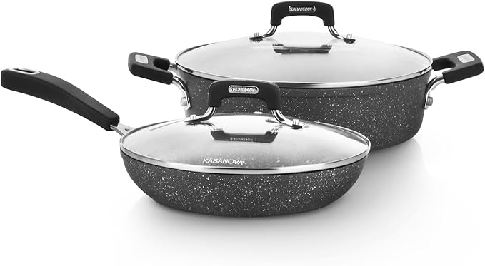 New Petra Dark Pot and Pan Set Non-Stick Induction and Oven up to 180°C Pot Holder and Spoon (4 Pieces)