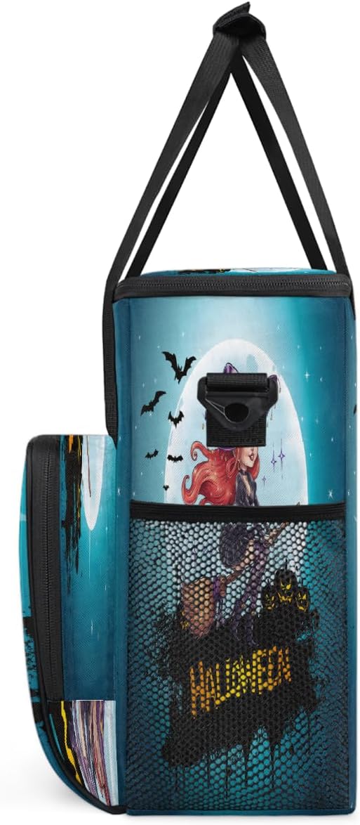 Halloween Witch Broom Moon Coffee Maker Carring Bag Travel Carrying Storage Tote Bag Compatible with Keurig K-Mini or K-Mini Plus Portable Single Serve Coffee Brewer Case with Pockets for K-cup Pods