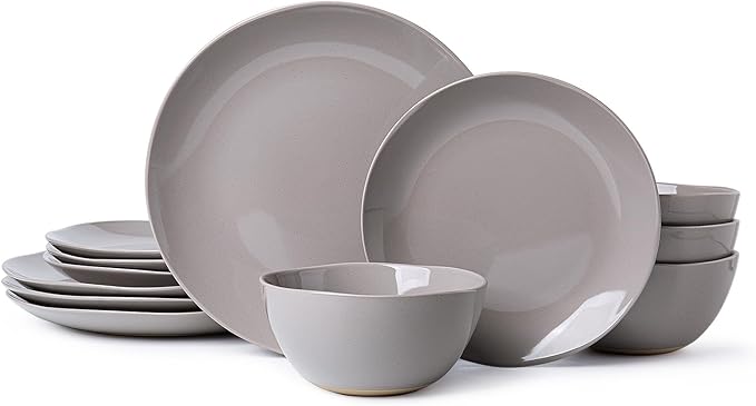 Dinnerware Sets for 4 12 Pieces Stoneware Plates and Bowls Sets Dishwasher&ampMicrowave SafeModern Minimalist Tableware for Everyday Use Grey