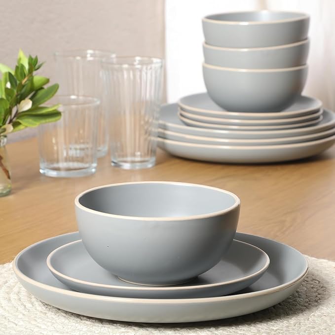 12-Piece Matte Gray Stoneware Dinnerware Set – Modern Plates Bowls &amp Mugs for Everyday Dining (Matte Grey)